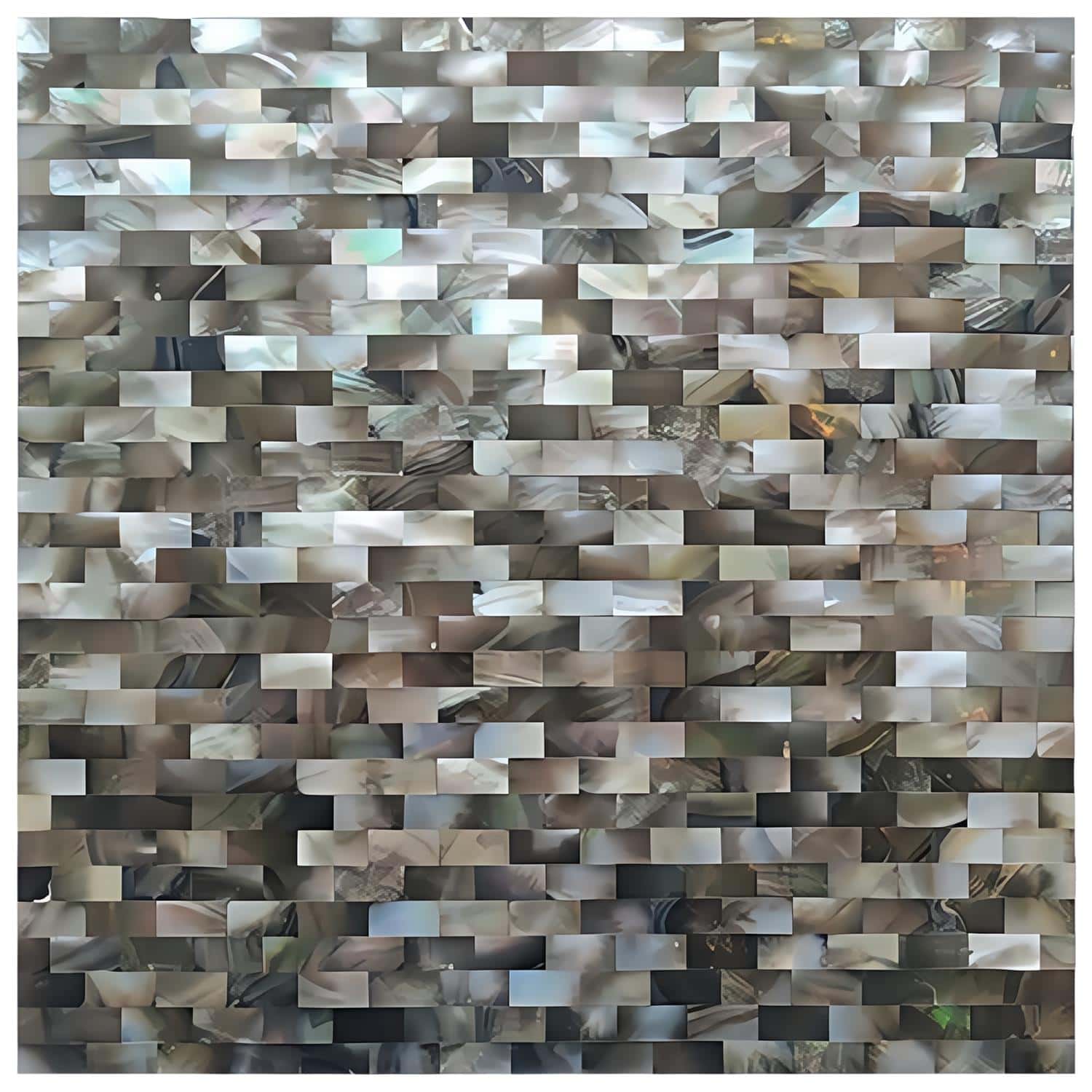 Reflective mosaic tile in beige, gray, and metallic tones with a textured, shiny surface.
