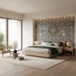 Elegant mosaic tile wall in shades of gray and beige behind the bed.