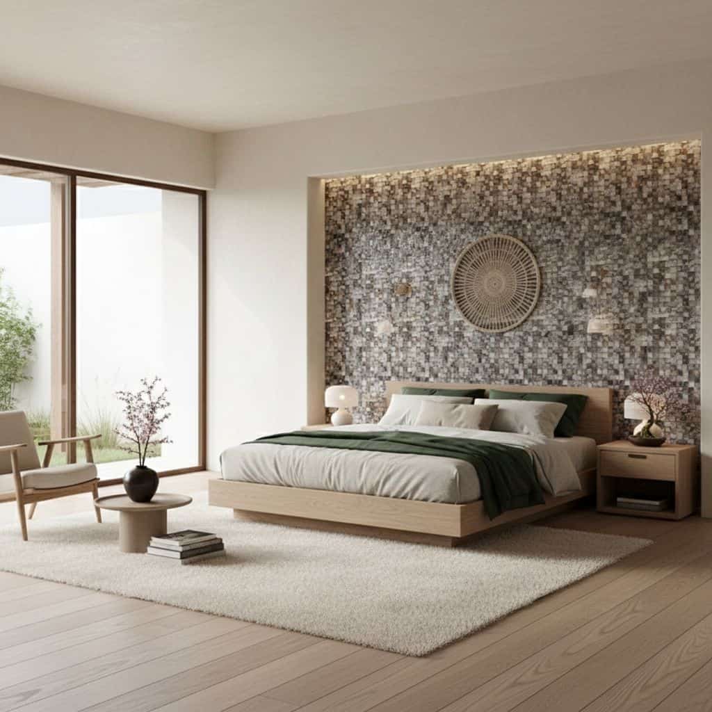 Elegant mosaic tile wall in shades of gray and beige behind the bed.