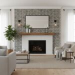 Bright living room featuring a stone fireplace with a wooden mantel, white walls, and cozy seating. Elegant and inviting inte.