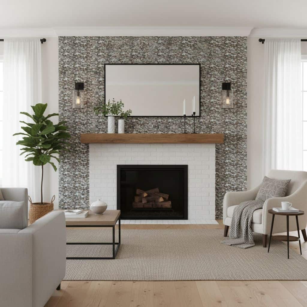 Bright living room featuring a stone fireplace with a wooden mantel, white walls, and cozy seating. Elegant and inviting inte.