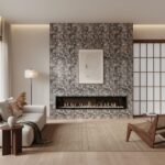 Gray mosaic tiles with textured surface, used for fireplace wall decor.