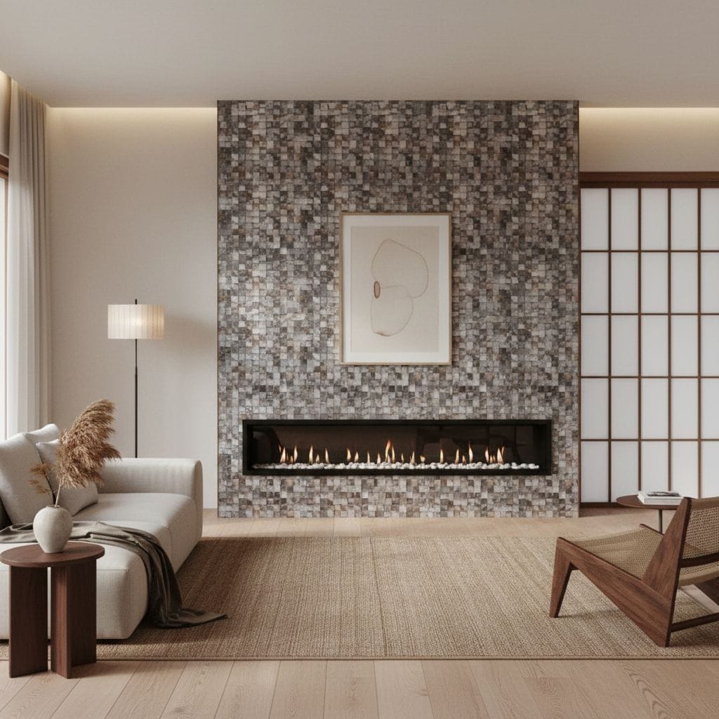 Gray mosaic tiles with textured surface, used for fireplace wall decor.