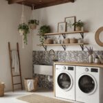 Bright laundry room featuring a mosaic tile backsplash, wooden shelves, and hanging plants for a cozy, natural aesthetic.