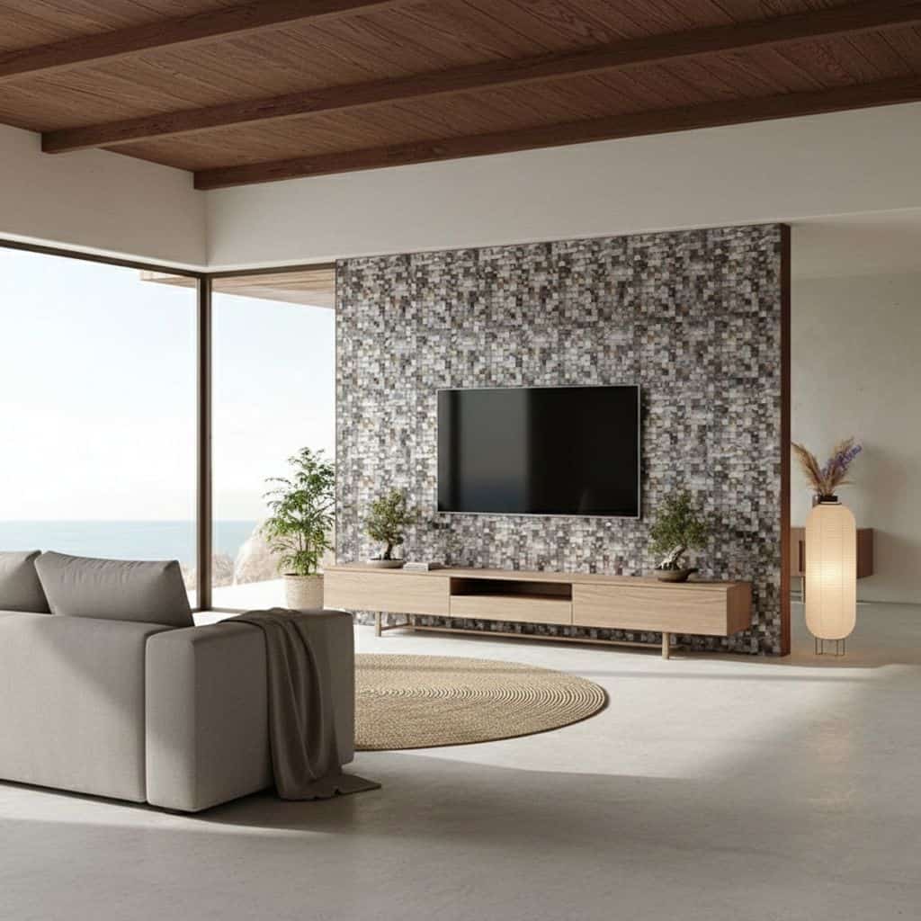 Neutral mosaic tile wall with textured surface and mixed shades of gray and beige.
