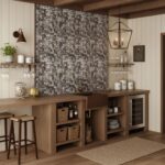Warm-toned mosaic tile backsplash with textured stone appearance.