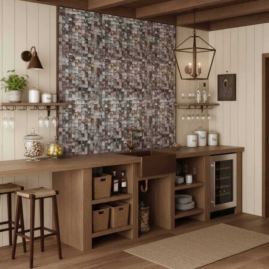 Warm-toned mosaic tile backsplash with textured stone appearance.