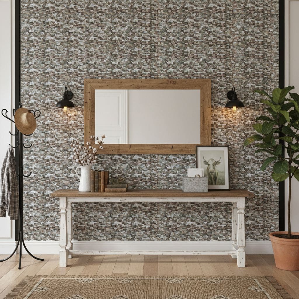 Textured mosaic tile wall in neutral tones with a rustic, natural finish and intricate pattern.