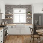 White and black geometric patterned tile in kitchen backsplash, with a matte finish and modern style.