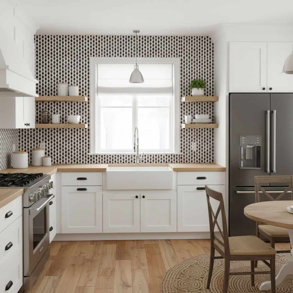 White and black geometric patterned tile in kitchen backsplash, with a matte finish and modern style.