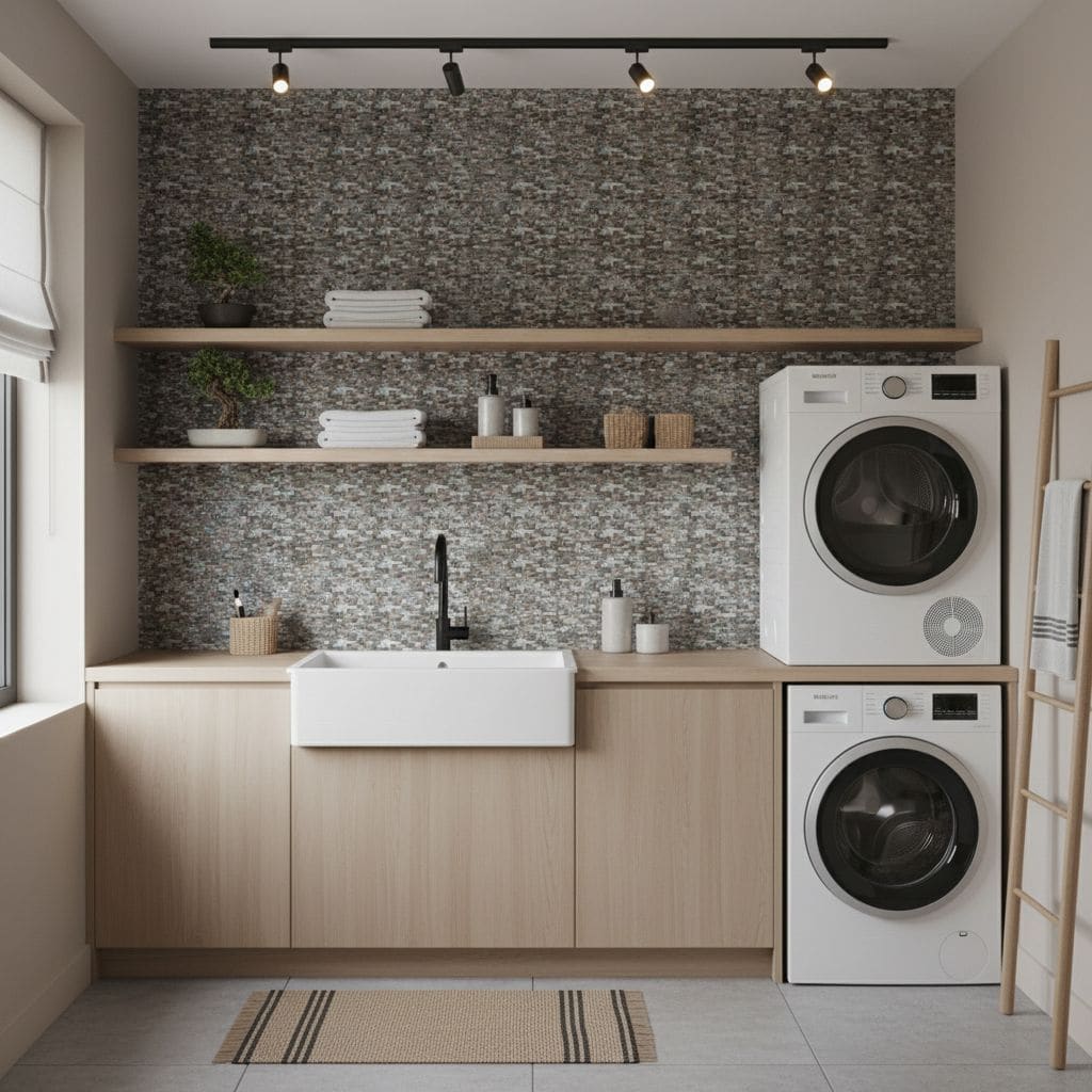 White and gray textured tile wall in laundry room.
