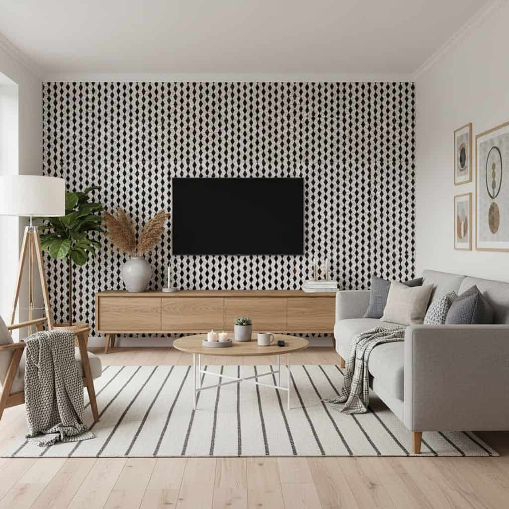 Black and white geometric patterned wall tile with a matte finish.