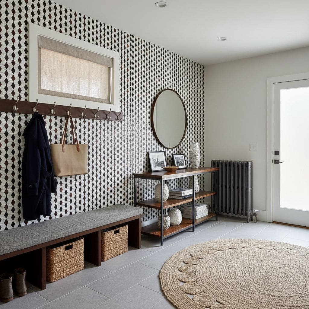Black and white geometric patterned tile with a smooth matte finish, complemented by neutral decor and natural light.