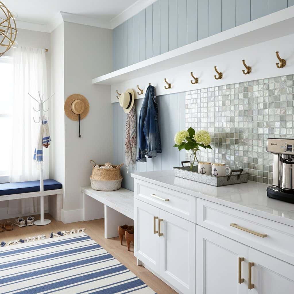 Blue and white mosaic tile backsplash in a bright entryway.