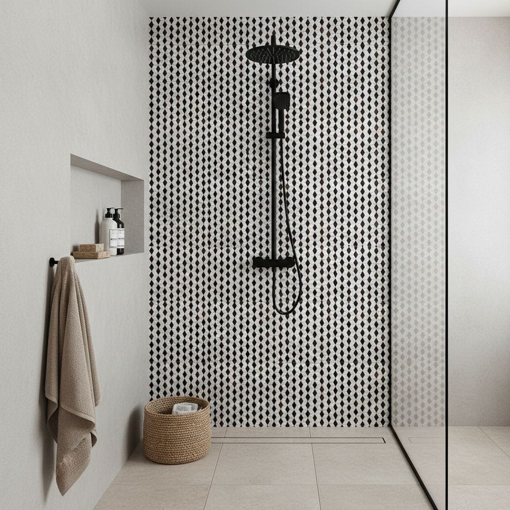 Black and white patterned tile shower wall with matte black fixtures.