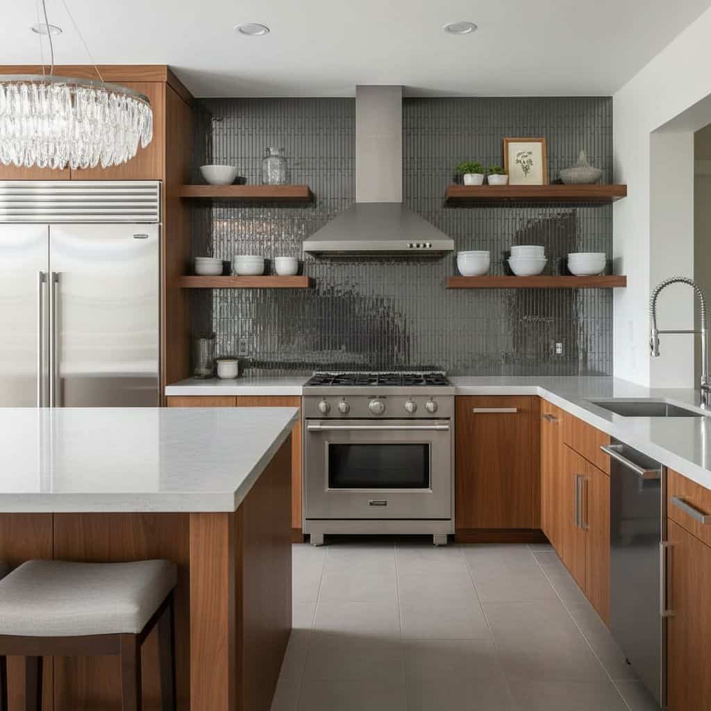 Gray textured ceramic tile with a matte finish, used as a backsplash behind the stove and on the wall above the countertop.