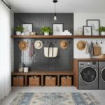 Dark gray textured wall tile with a glossy finish, used as a backsplash in a laundry room.