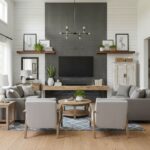 Gray textured ceramic tile on living room wall, creating a modern and stylish backdrop.