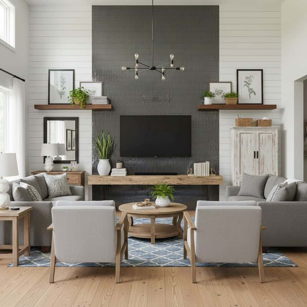 Gray textured ceramic tile on living room wall, creating a modern and stylish backdrop.