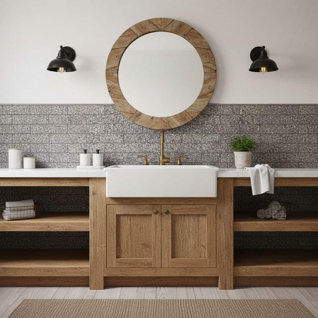 Wooden tile with neutral tones, textured surface, and rustic design.