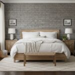 Gray textured brick wall tile in a modern bedroom setting.