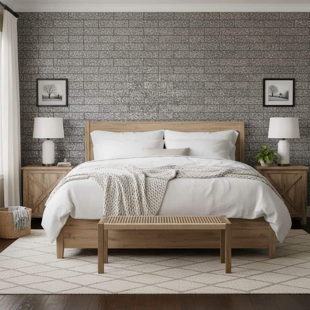 Gray textured brick wall tile in a modern bedroom setting.