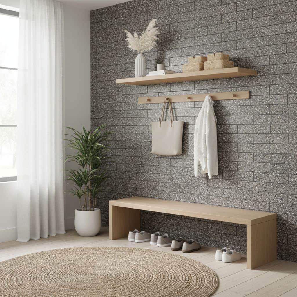 A modern entryway featuring a textured gray brick wall, a wooden shelf with decorative items, and a matching wooden bench wit.