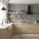 Gray hexagon tiles with textured surface in modern kitchen.