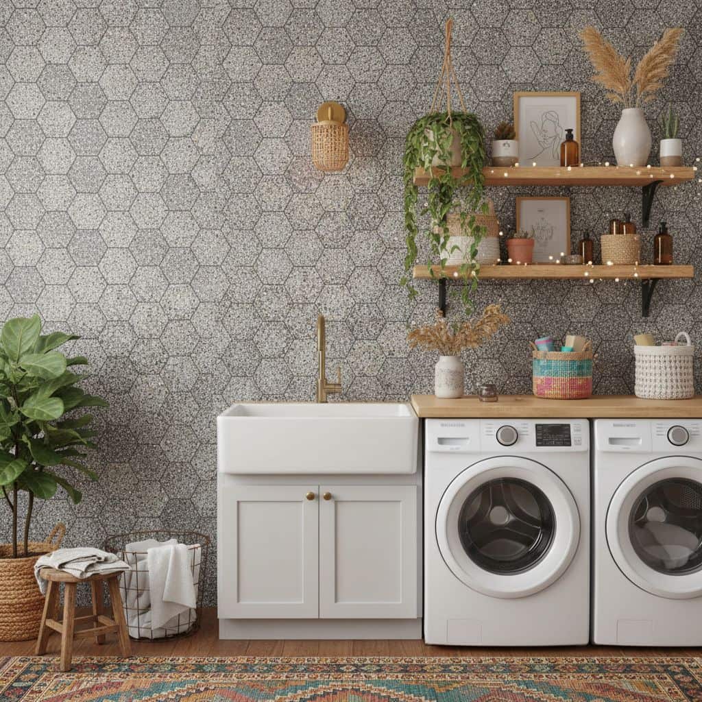 Hexagon patterned tile wall with beige, gray, and taupe shades, textured surface, in a modern laundry room setting.