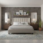 Light gray textured hexagonal tiles on bedroom accent wall, paired with neutral decor and contemporary furniture.
