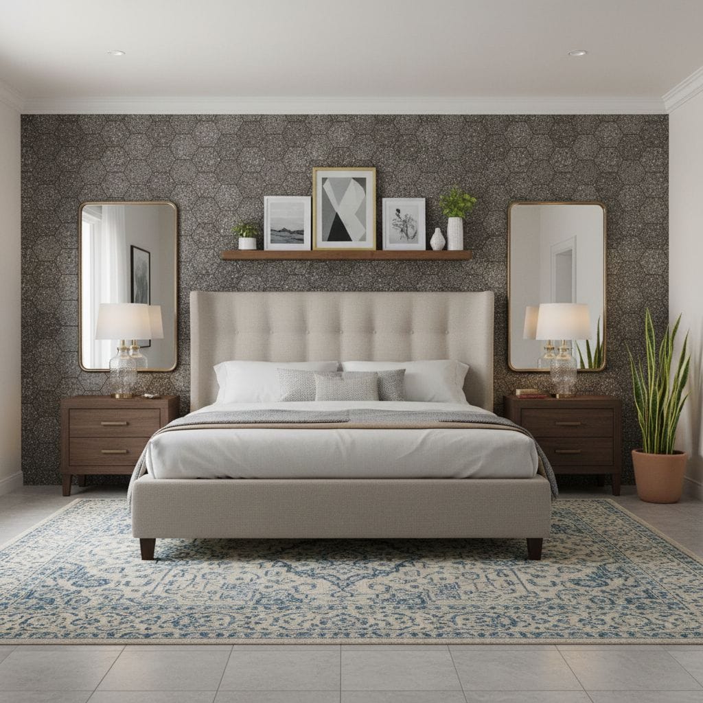 Light gray textured hexagonal tiles on bedroom accent wall, paired with neutral decor and contemporary furniture.