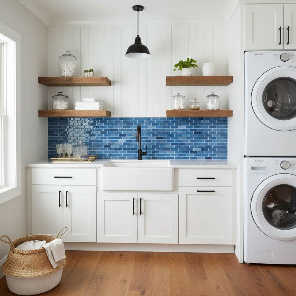 Bright white kitchen with a vibrant blue tile backsplash and wooden shelves. Features a laundry area with stacked washer and.