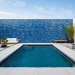 Blue mosaic tiles, smooth texture, modern design.