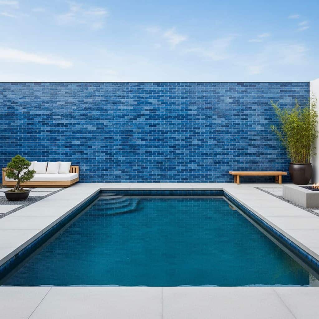 Blue mosaic tiles, smooth texture, modern design.