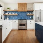 Blue mosaic tile backsplash with textured surface in a modern kitchen.