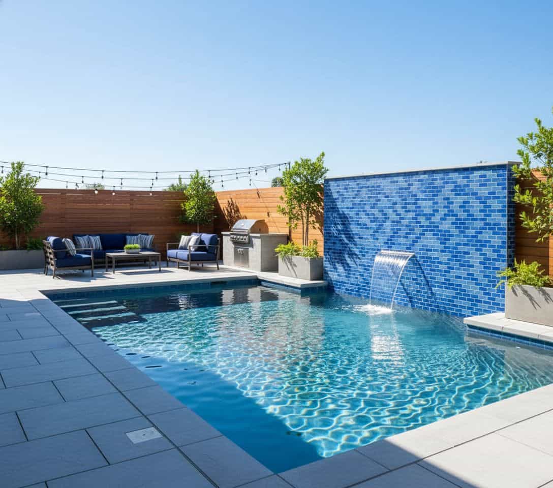 Blue mosaic tile wall with water feature, poolside seating, and modern outdoor design.