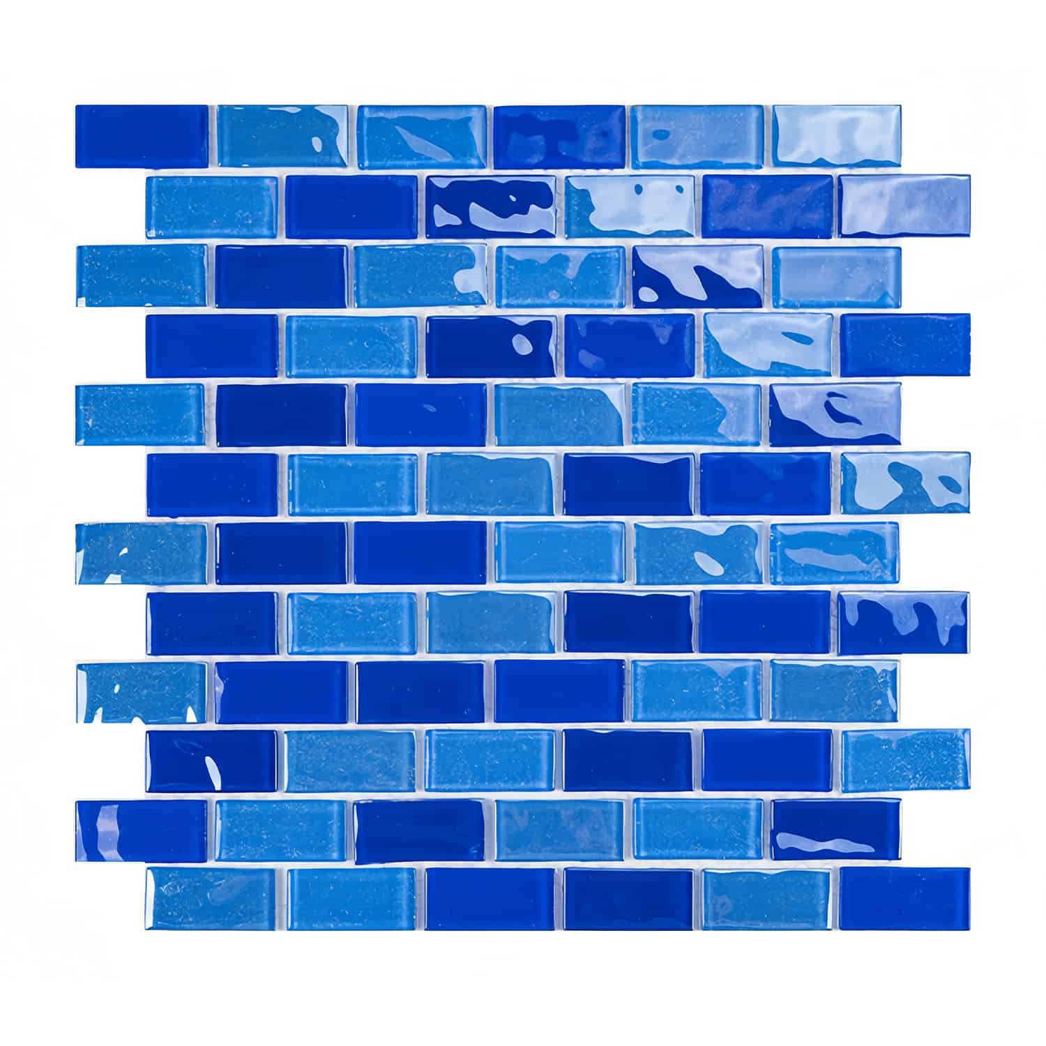 Bright blue glass subway tile with a glossy surface, smooth texture, and rectangular shape. Perfect for contemporary kitchen.
