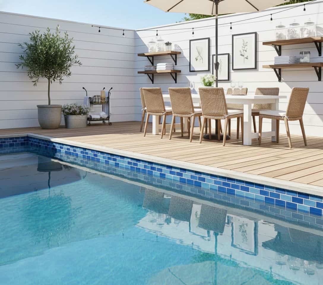 Bright blue mosaic tile border along the pool edge, textured wood decking, and neutral-toned wicker chairs.