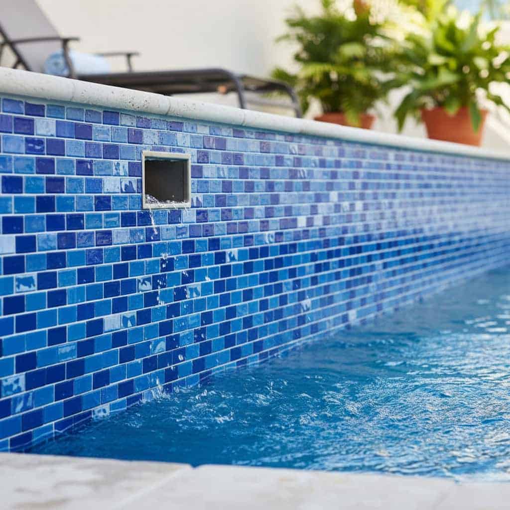 Blue mosaic tile with textured surface for pool lining.
