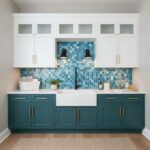 Blue mosaic tile backsplash with textured surface and glossy finish.