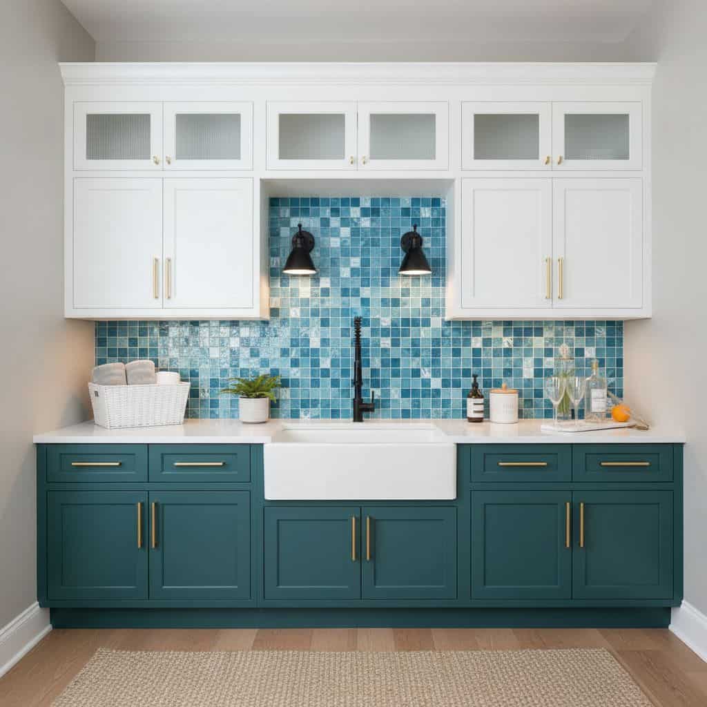 Blue mosaic tile backsplash with textured surface and glossy finish.