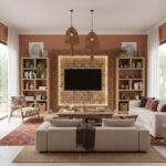 Earth-toned textured wall with wooden accents and comfortable furniture.