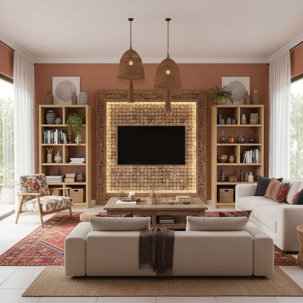 Earth-toned textured wall with wooden accents and comfortable furniture.