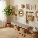 A warm, inviting entryway featuring textured wall tiles, natural decor, and a wooden bench with woven baskets for storage.