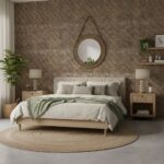 Beige stone-textured tile wall behind a bed with neutral bedding, flanked by wooden nightstands with lamps, and a round mirro.