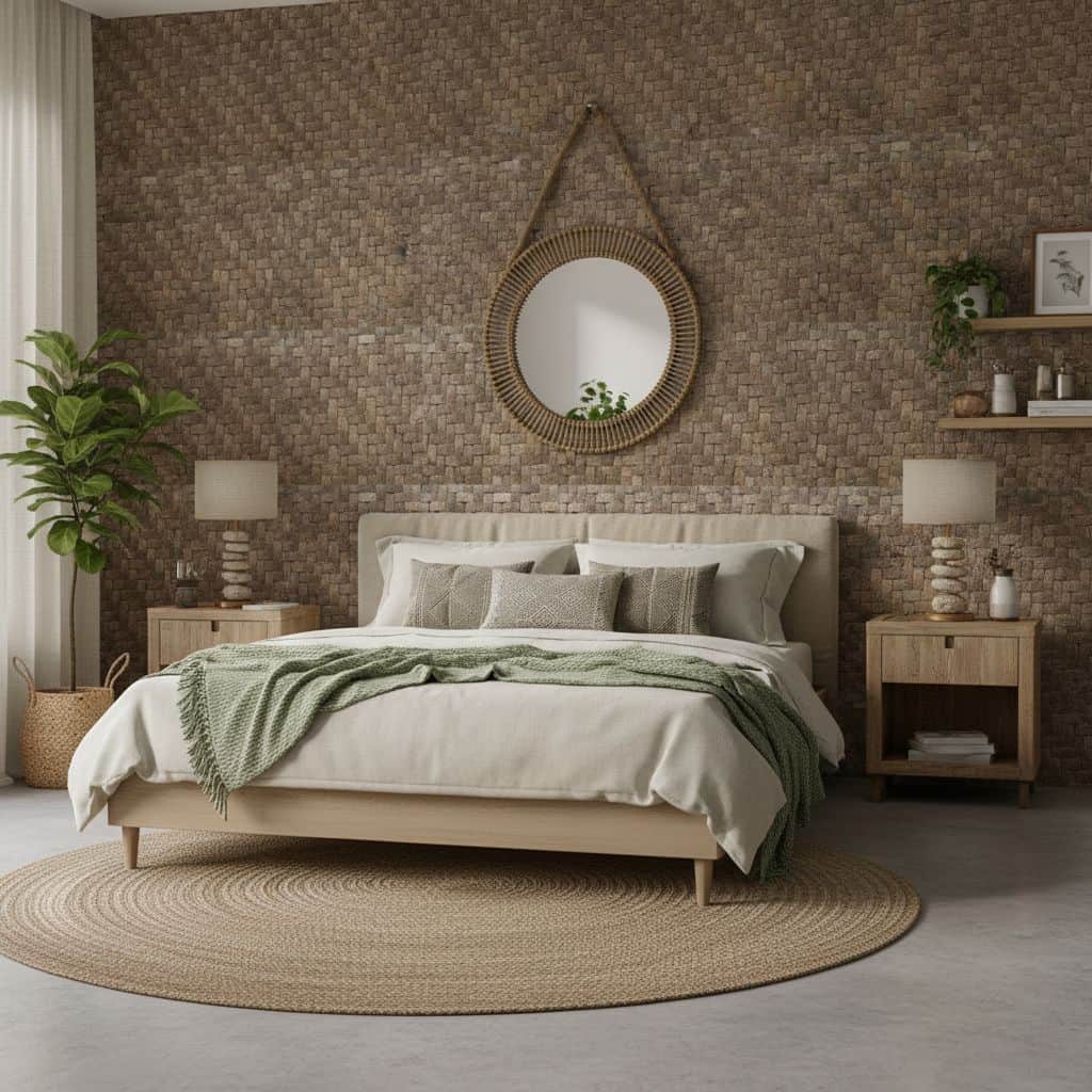 Beige stone-textured tile wall behind a bed with neutral bedding, flanked by wooden nightstands with lamps, and a round mirro.
