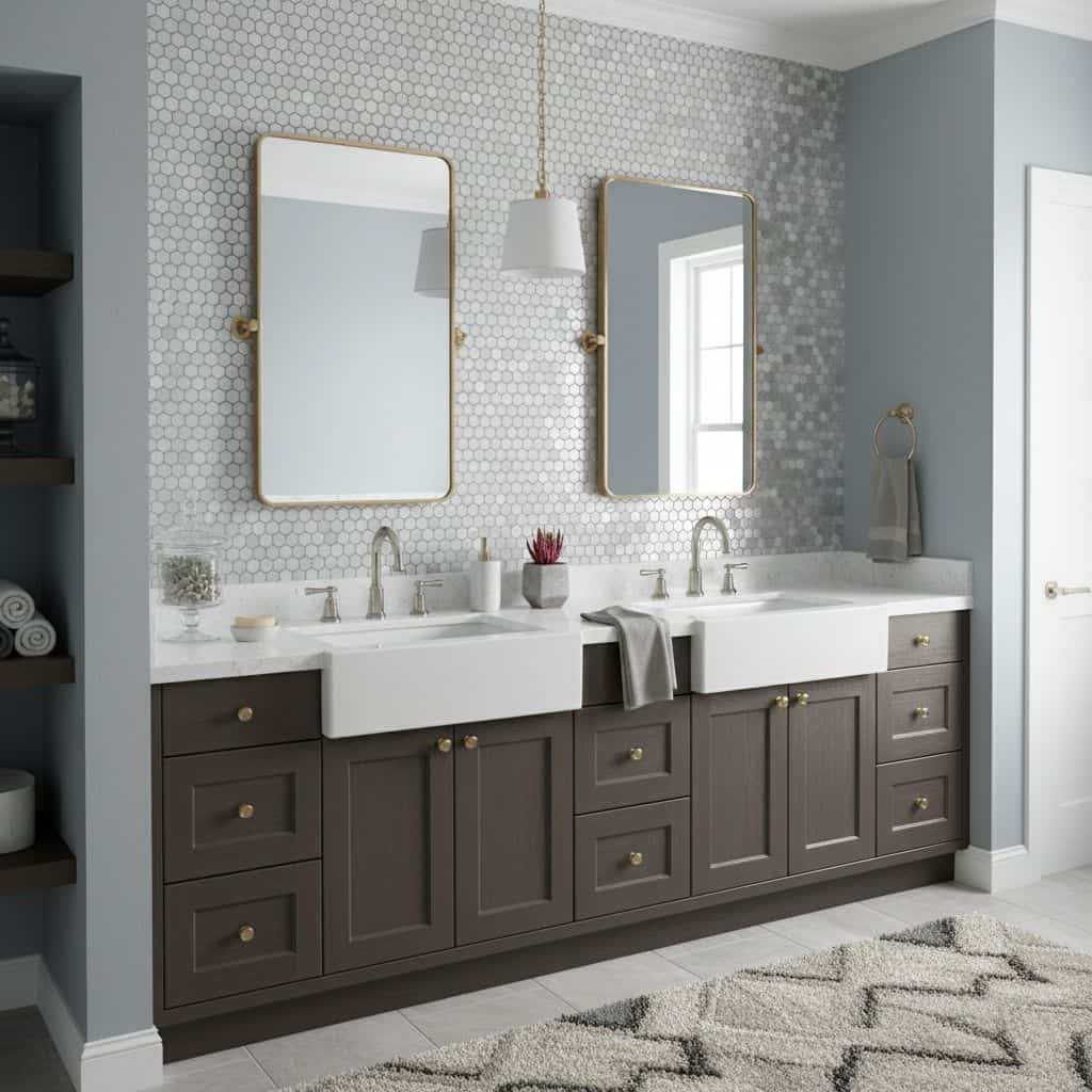 Double sink vanity with gray cabinets, white countertops, and gold hardware in a modern bathroom.
