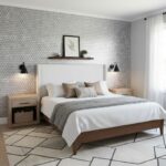 A bedroom featuring white hexagon tiles on the wall behind the bed, creating a stylish and contemporary look.