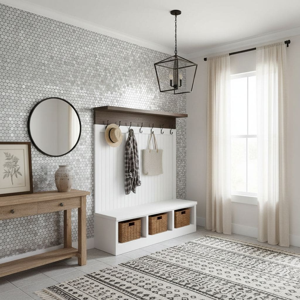 Bright gray hexagon tiles with textured surface in a modern entryway.