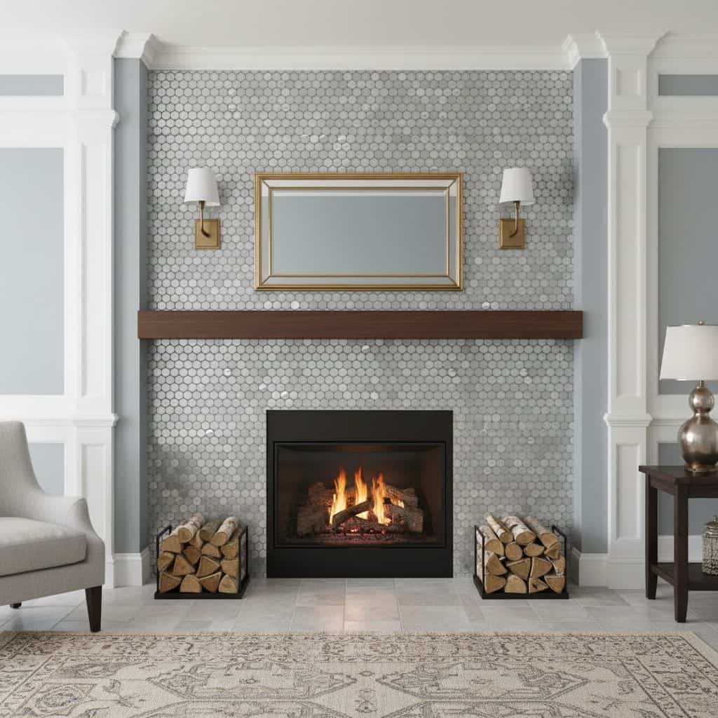 Hexagon tile in light gray with a matte finish, surrounding a black fireplace. Elegant, contemporary design with a wooden man.